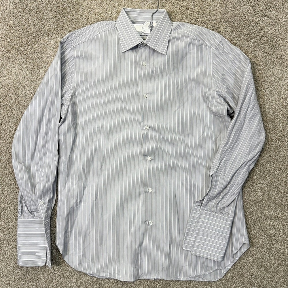 Brioni Dress Shirt Mens 15 Striped Grey White Button Down French Cuff EUC